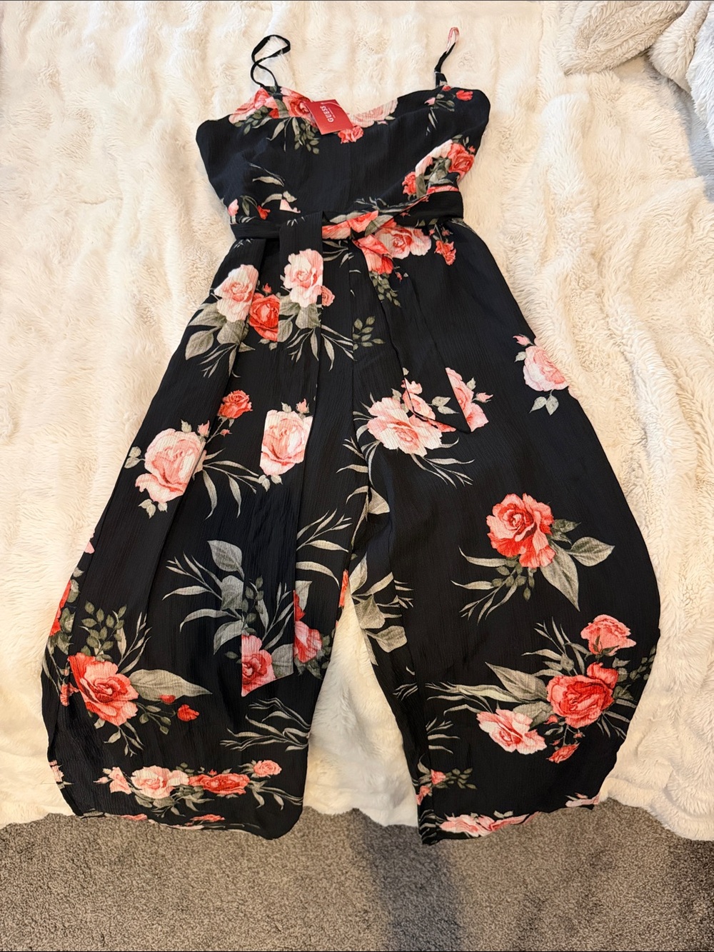 GUESS Floral Black Wide-Leg Jumpsuit with Belt